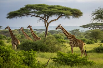 Artistic Depiction of a Giraffe Family Eating Leaves in a Lush Savanna Setting