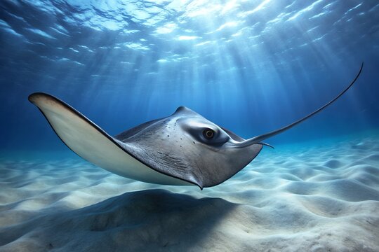 Graceful Stingray Swimming Above Sandy Seabed with Sun Rays Piercing the Water