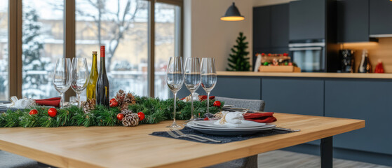 Holiday dining setup featuring a festive table decorated with wine and greenery