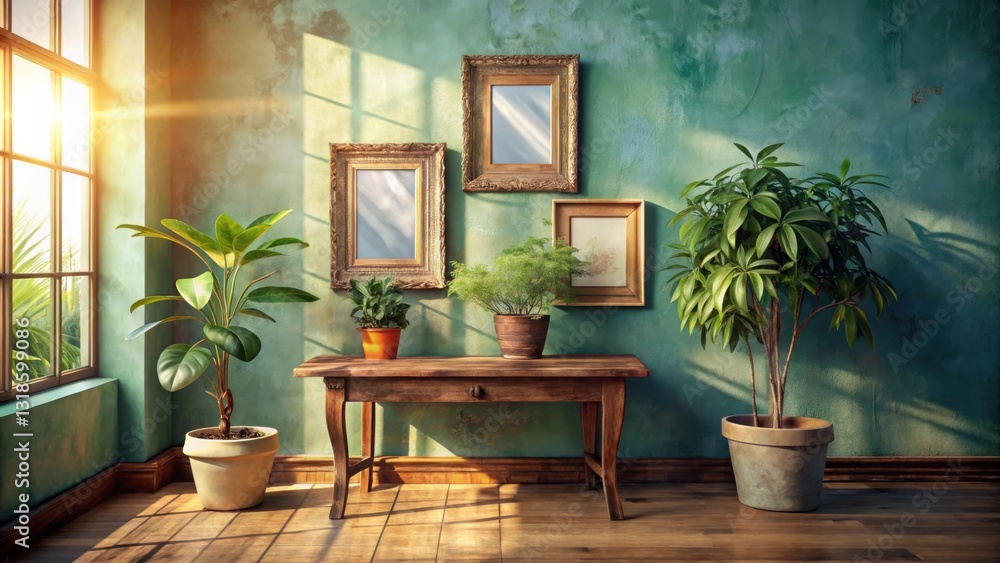 Aufkleber sunbeams illuminate a room with a rustic wooden table and potted plants, framed by a window and text