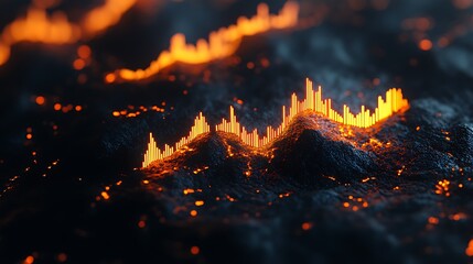 A sharp digital layout featuring glowing blue and orange bar graphs on a dark background.