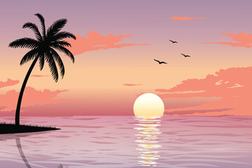 Silhouette landscape of scenery sunrise in ocean with birds flying above, Paradise beach sunrise, Palm tree and calm ocean waves