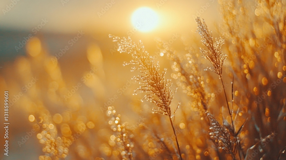 Poster Soft rays of sunlight illuminate delicate grasses adorned with dewdrops, creating a captivating and tranquil moment as dawn breaks over a peaceful natural setting