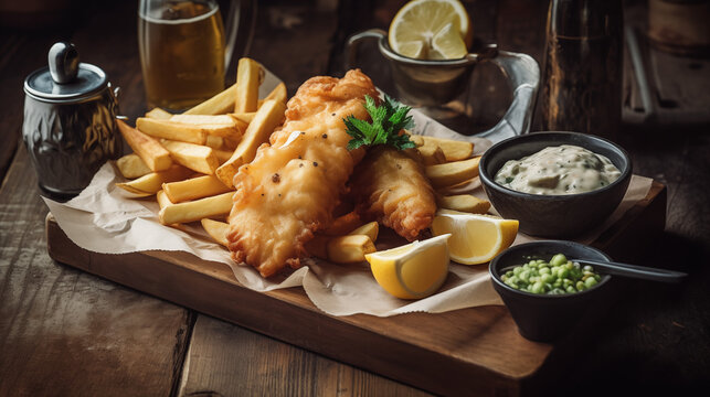 Enjoying classic fish and chips pub setting food platter rustic ambiance close-up culinary delight