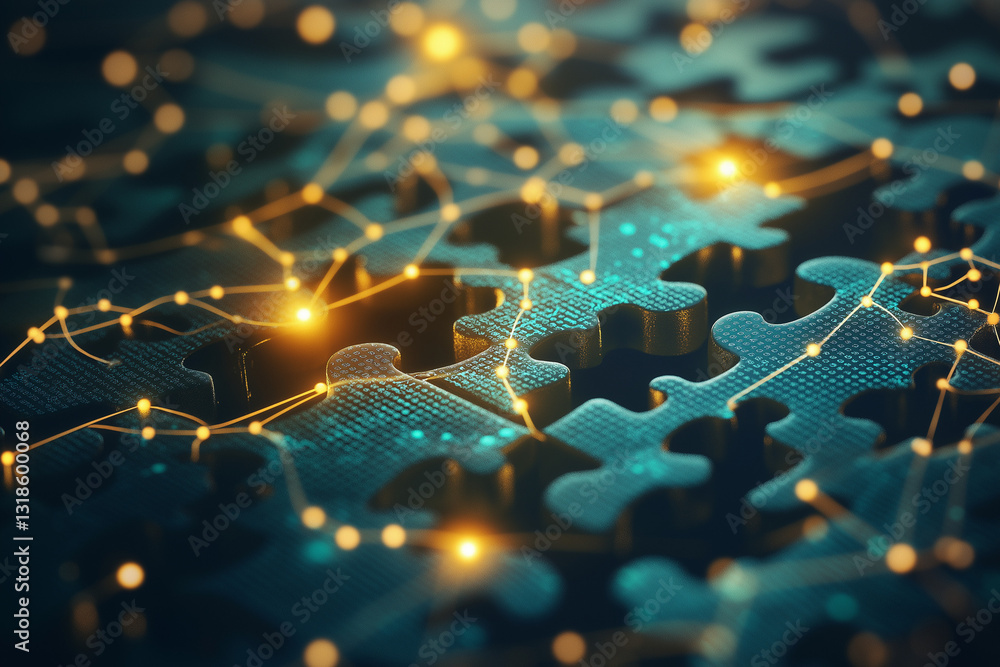 Aufkleber glowing puzzle pieces connected in a digital network, highlighting concepts of connectivity, problem