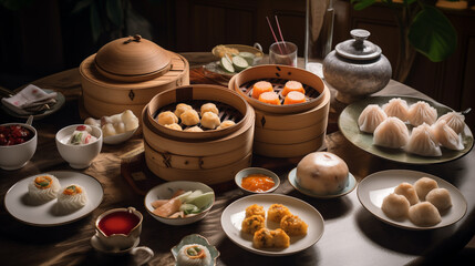 Fototapeta premium Delicious dim sum feast traditional chinese restaurant culinary showcase cozy atmosphere close-up view food culture