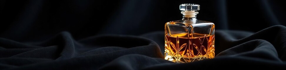 Sparkling crystal whiskey flask nestled in a bed of black velvet, rich, crystal