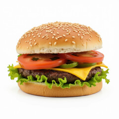 A flavorful burger with a thick, juicy beef patty, gooey cheese, and fresh lettuce, served in a soft sesame bun.