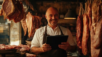 Smiling Butcher in His Shop Using a Tablet