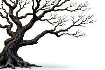 Fototapeta premium Twisted and gnarled tree branches against a white background, branches, tree, rugged