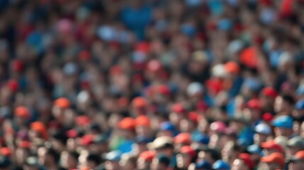 Obraz premium Blurred image of a large crowd of people at an outdoor event, wearing various colored hats and clothing.