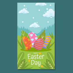 A festive Easter card featuring colorful decorated eggs in lush green grass with a scenic mountain backdrop. The cheerful Happy Easter Day message enhances the joyful spring celebration theme.