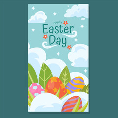 Festive Easter illustration featuring colorful decorated eggs among lush green leaves and soft clouds. The cheerful Happy Easter Day text enhances the joyful spring celebration theme.