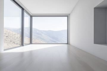 Modern empty room with large windows overlooking mountains at midday