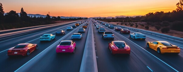 An elevated view of vehicles traveling on a wide highway
