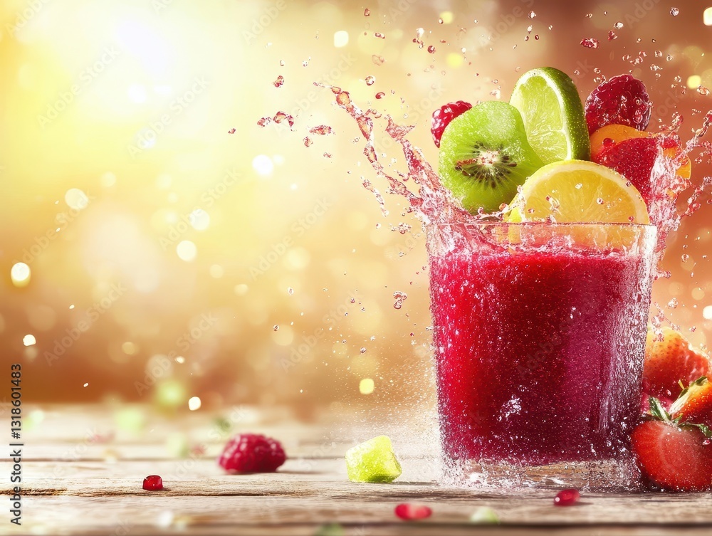 Poster exotic fruit juice blend with vibrant colors and dynamic splash effect in a clear glass for a refres