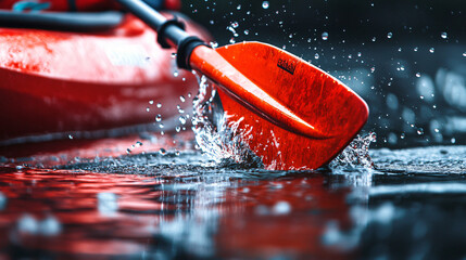 Kayak paddle slicing water dynamic motion splashing droplets vibrant red boat adventure outdoor sports close up action shot high speed extreme sports energetic movement river exploration excitement