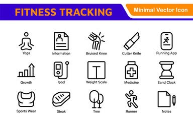 Fitness Tracking Exercise Icons – Modern Outline Symbol Set for Training and Performance Monitoring