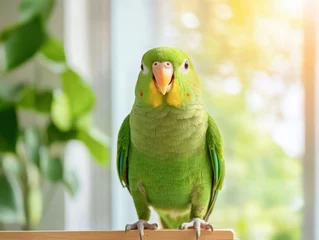 Fototapete Rund Friendly green parrot perched on a person's shoulder while they laugh together in a fun and joyful outdoor setting © Jirapong