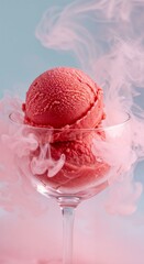 Two Scoops of Red ice cream in glass, with dry ice, against soft blue-pink background