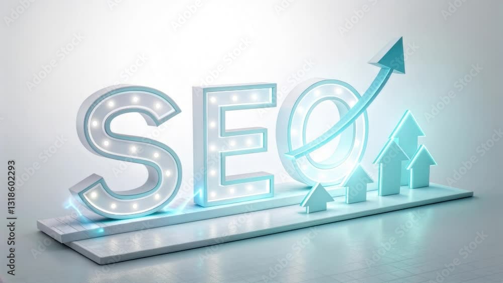 Poster 3d illuminated seo letters and arrows visual representation of search engine optimization growth and