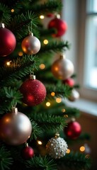 Glittering ornaments fill the Christmas tree's volume,, Soft Focus, Colorful Fillings