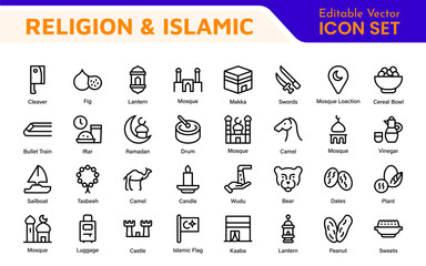 Islamic Icon Set. A beautifully crafted collection of icons reflecting Islamic culture and traditions, educational materials, apps, and websites, and Islamic community.
