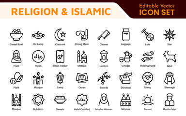 Islamic Icon Set. A beautifully crafted collection of icons reflecting Islamic culture and traditions, educational materials, apps, and websites, and Islamic community.