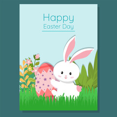 Cute Easter greeting card with a white bunny hugging an egg around flowers, and grass. Soft pastel colors create a festive and joyful holiday atmosphere.
