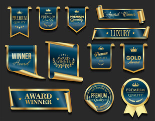 VIP, premium and gold award emblem blue and gold isolated on black background
