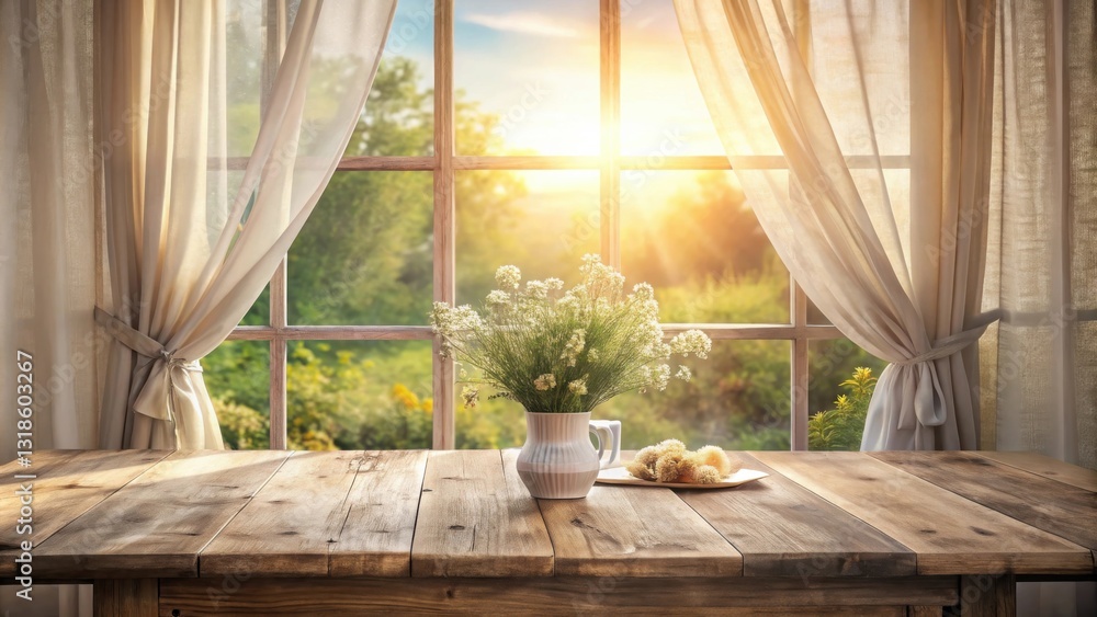 Poster a rustic wooden table sits in front of a window with sheer curtains, capturing the warm glow of a su