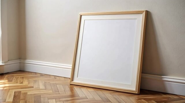 Wooden VDO Frame with White Mat and Blank Canvas Against Light Wall on Herringbone Parquet Floor, Creating Minimalist and Serene Atmosphere in Room
