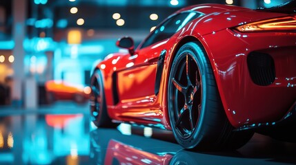 A bold supercar gleams under a spotlight in a sleek showroom, with reflections of bright lights enhancing its sharp, aerodynamic curves.