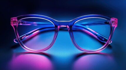 The eyeglasses are displayed with dramatic blue and pink lighting