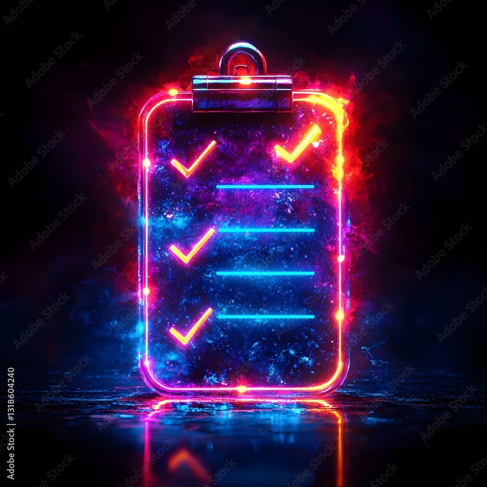 Poster minimalist glowing checklist icon with illuminated marks symbolizing thorough recruitment evaluation