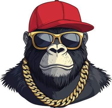 Stylish gorilla wearing sunglasses and a red cap with a gold chain cartoon isolated on transparent background. Vector illustration.