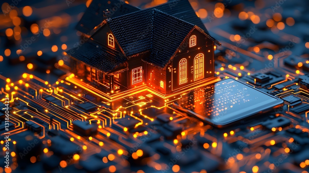 Poster seamless and intelligent smart home interface on glowing tablet with connected devices symbolizing a