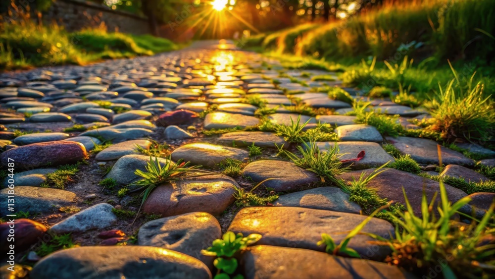 Poster a cobblestone path illuminated by the warm glow of the setting sun, with vibrant green grass growing