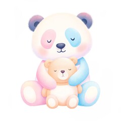 Obraz premium Birthday animal baby monthly Milestone concept, Cute panda hugging a baby bear in a soft, pastel illustration.