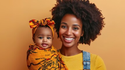 Joyful mother holding smiling baby girl wrapped in colorful scarf against warm orange background