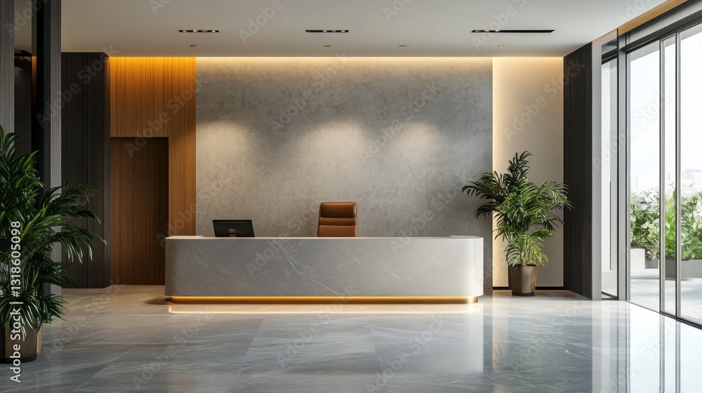Aufkleber A sleek reception area showcases a minimalist design with warm lighting and lush greenery, creating a tranquil atmosphere for visitors. Sunlight casts gentle shadows, enhancing the inviting space
