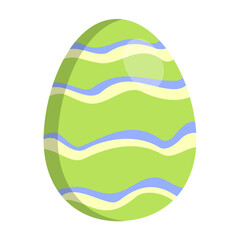 Cute Easter green egg vector. Decorated egg with cream and blue waves patterns.