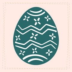 Flat design Easter egg illustration with floral and geometric patterns in a modern, minimalist style. Dark green and white color scheme on a soft pastel background.