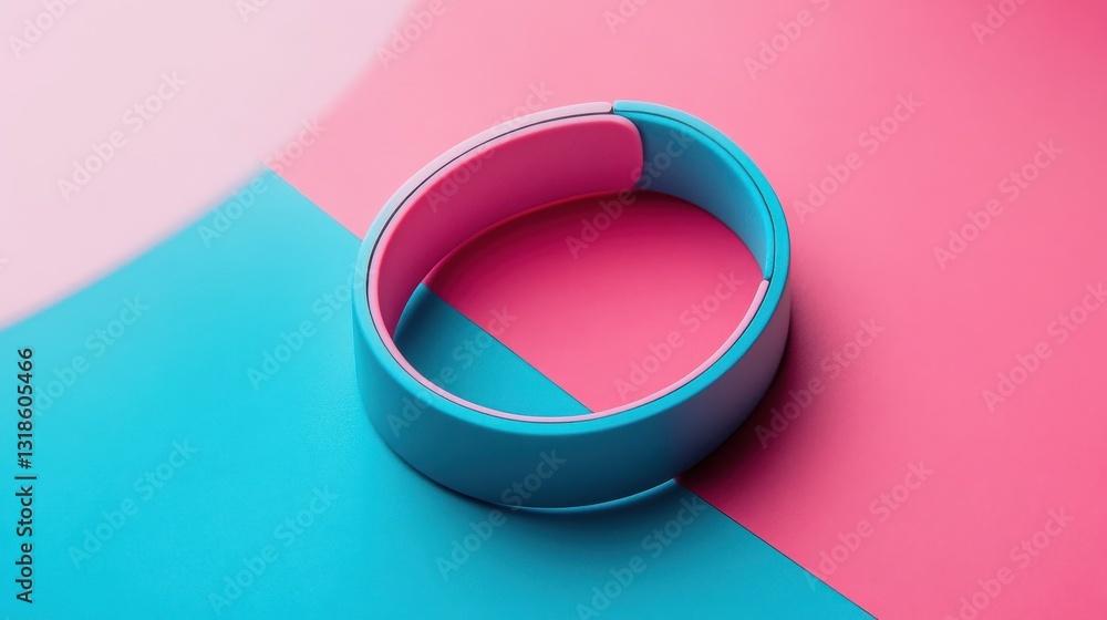 Poster a modern circular device with blue and pink design elements