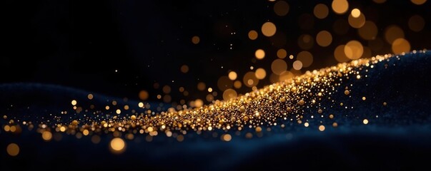Naklejka premium Glittering gold dust settles softly on dark velvet, fabric, dark background, material