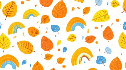 Naklejka premium Autumn Leaves and Rainbow Seamless Pattern Design in Warm Yellow Tones