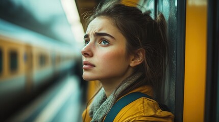 A thoughtful young woman gazes out while waiting on a train platform.