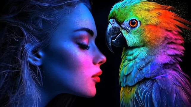 Woman is hugging a colorful parrot. The parrot is brightly colored and has a red beak. The woman is wearing red lipstick. The image has a playful and colorful mood