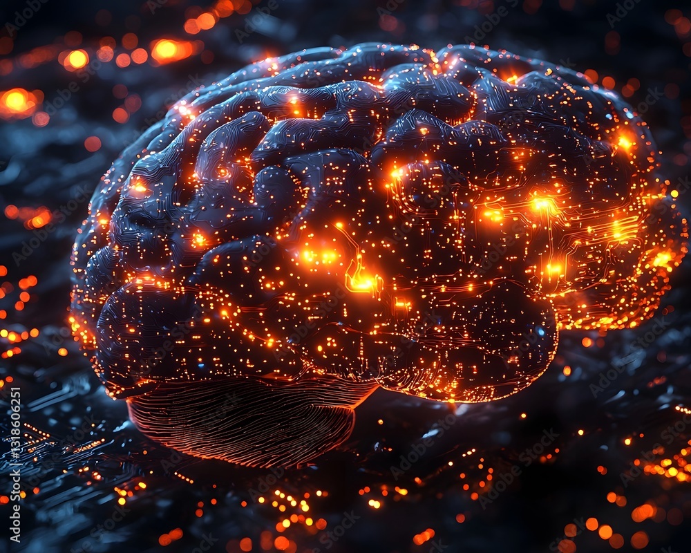 Poster dynamically glowing brain symbolizing the interface of technology and thought