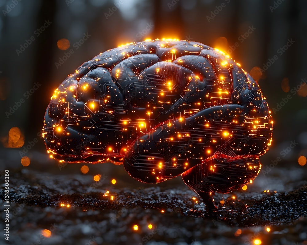 Poster glowing circuits of a dynamic futuristic brain symbolizing tech and thought interface